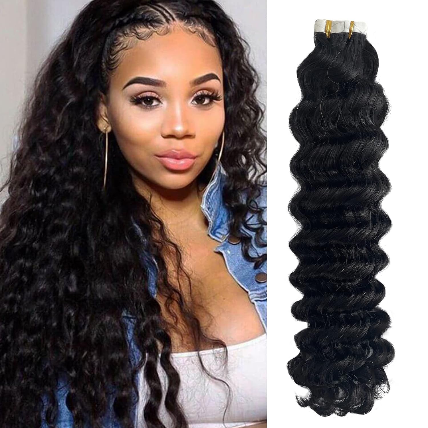 Tape in Hair Extensions Human Hair Black Women Deep Wave