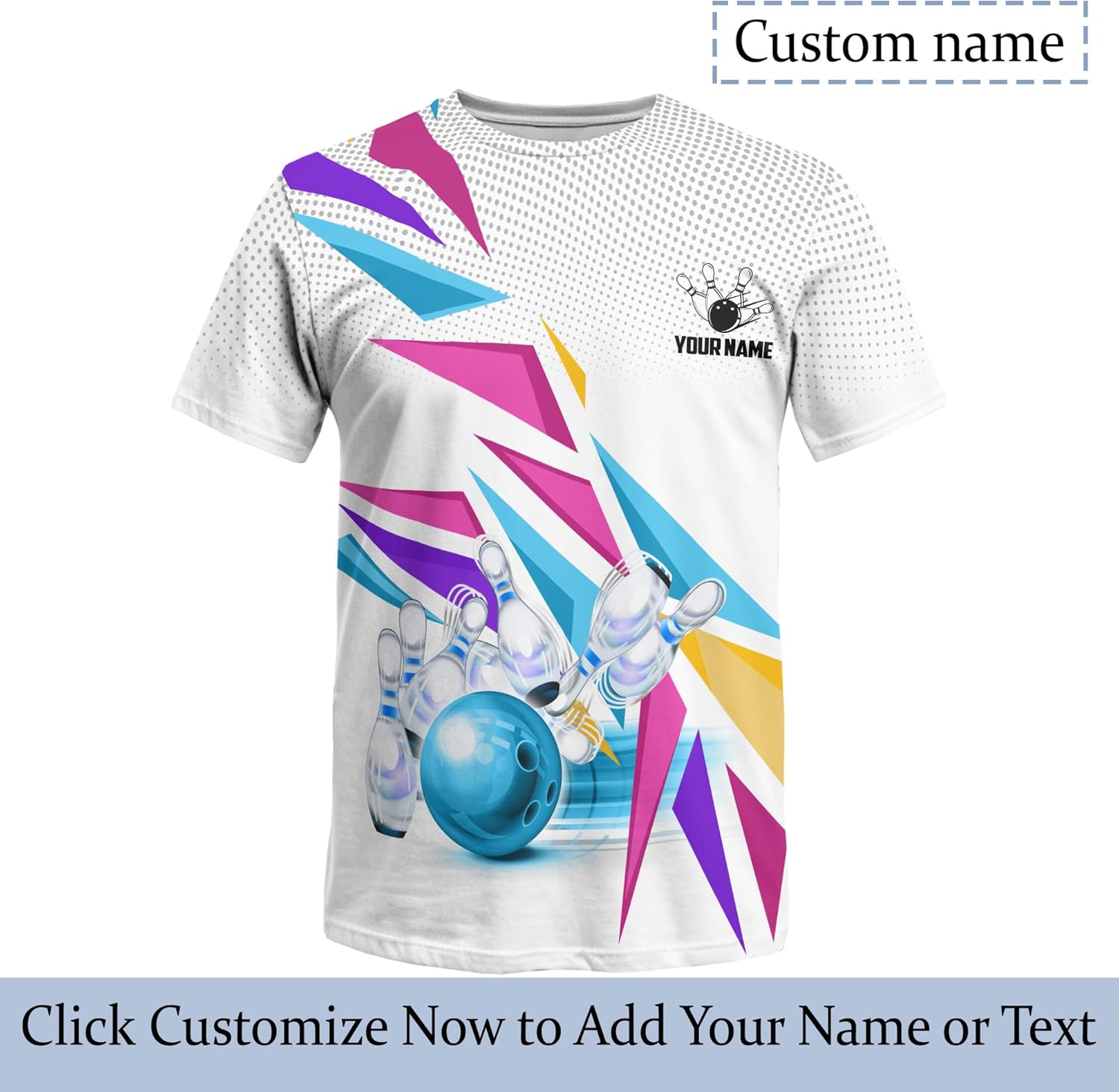 Custom Name Bowling T-Shirt Print Top with Bowling Theme and Colorful Geometric Pattern Graphic On it for Bowler
