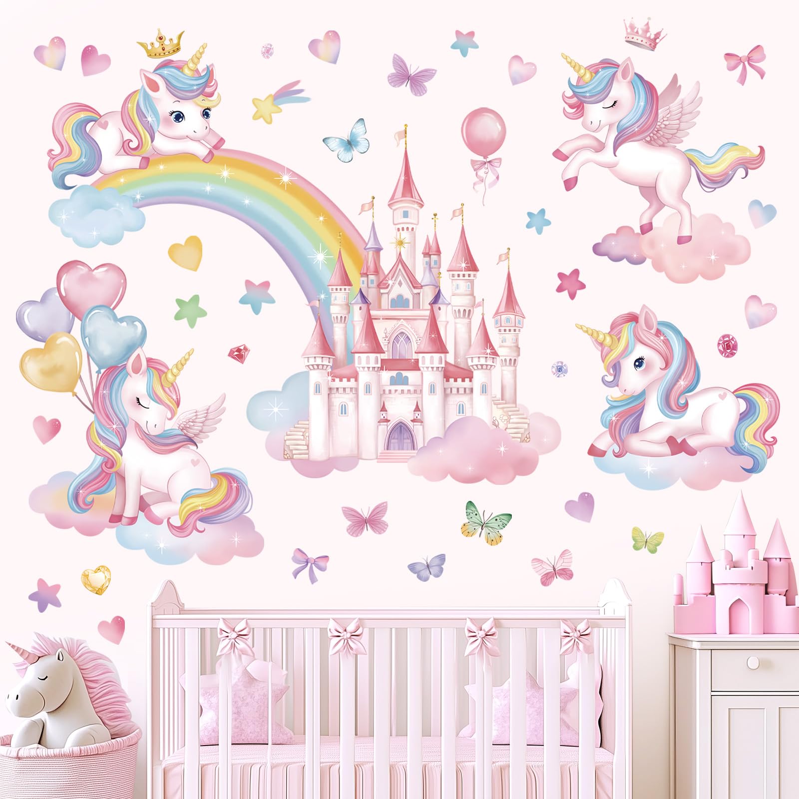 wondever Rainbow Castle Wall Stickers Unicorn Butterfly Balloon Peel and Stick Wall Art Decals for Baby Nursery Girls Bedroom Toddler Room - Image 2