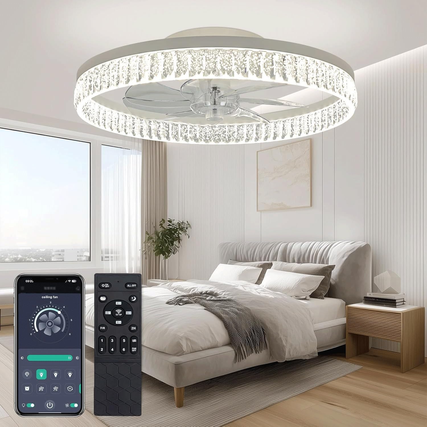 LYMSXAZOU Modern Crystal Ceiling Fan with Lights, Quiet for Bedroom Living Room Dimmable 6 Speeds Easy to Install(White)