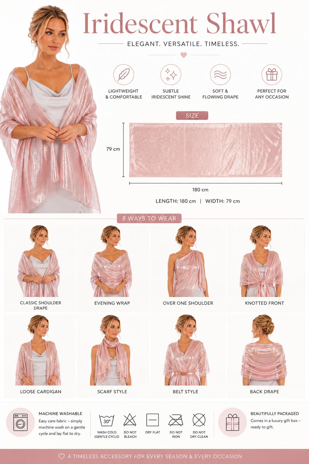 Central Chic Silky Pashmina Iridescent Wrap Stole Shawl For Weddings Bridal Bridesmaids Proms & Parties 24 Colours
