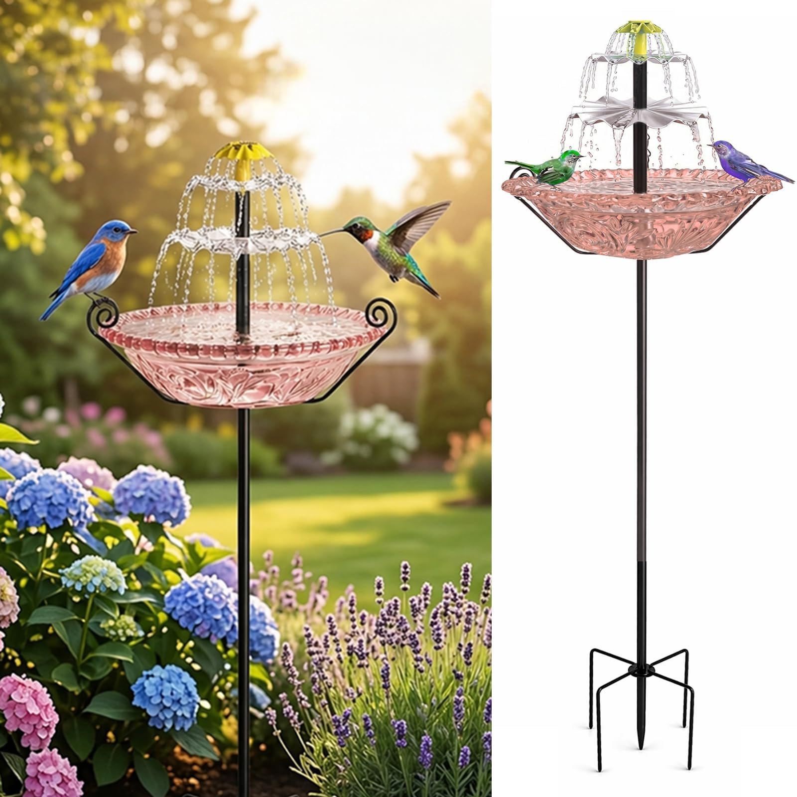 Solar Bird Bath Fountain with Metal Stake Stand, Upgraded Spray System, Glass Bowl, 80cm Height, for Garden, Yard, Patio & Lawn Decor (Pink)
