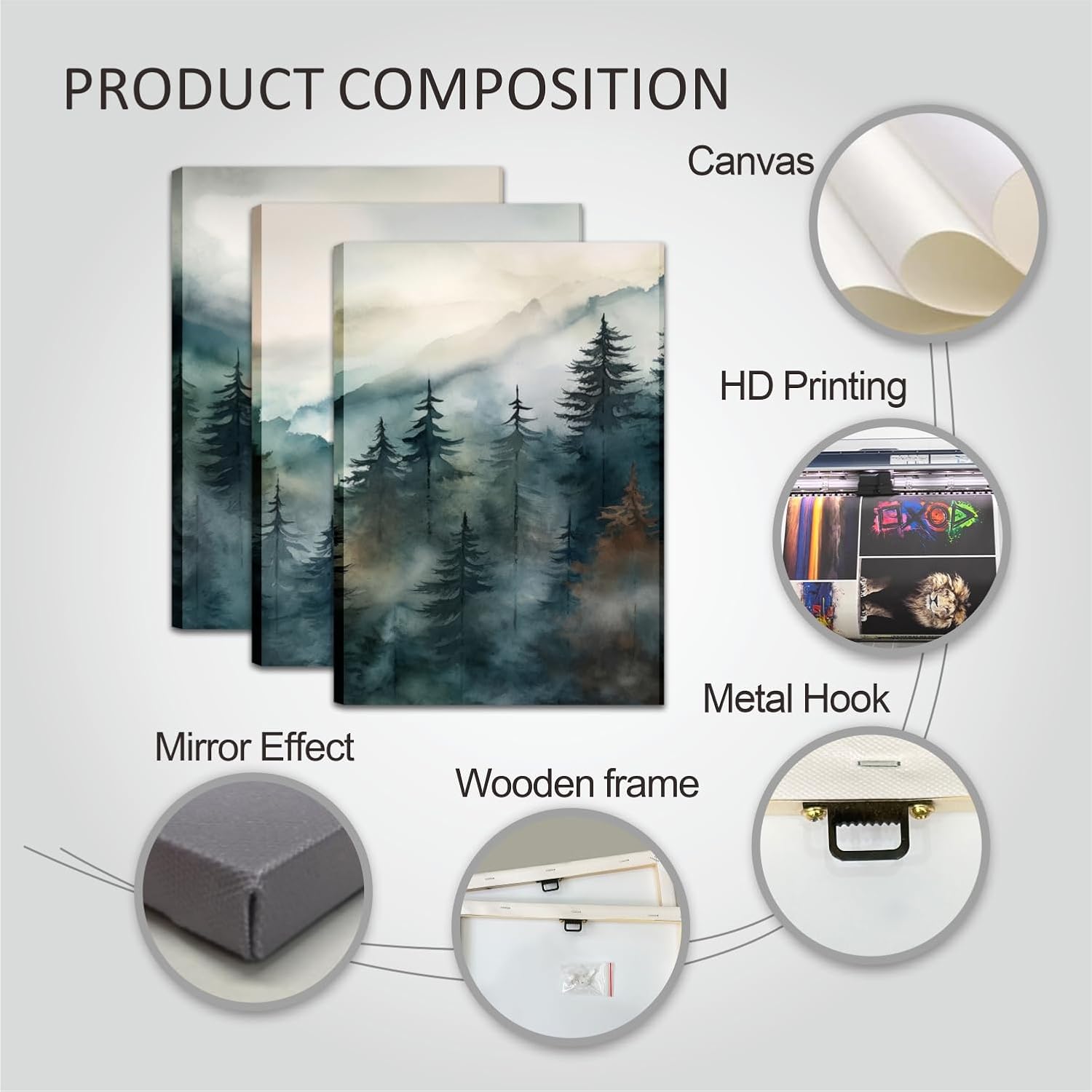 AKWISH Framed Green Forest Canvas Wall Art Set of 3, Boho Misty Watercolor Pine Tree Wall Decor Art, Nature Scenery Foggy Mountain Posters Prints for Living Room, Bedroom, Office 16x24 In