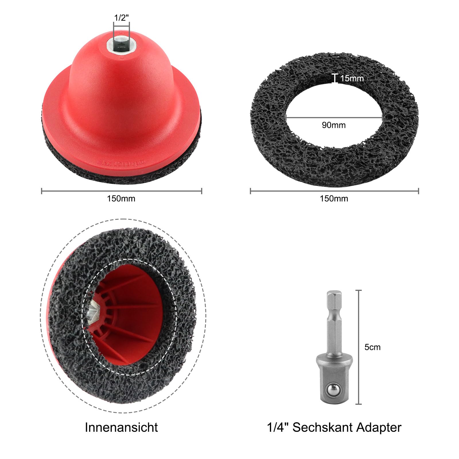 Radnabenschleifer mit 2x Schleifscheiben, Nabenreiniger inkl. Adapter für Akkuschrauber, Rostentferner Kugelkopfschleifer mit 1/2"-Antrieb, 2x Silizium-Karbid-Scheibe Ø 150 mm für Felgenreinigung