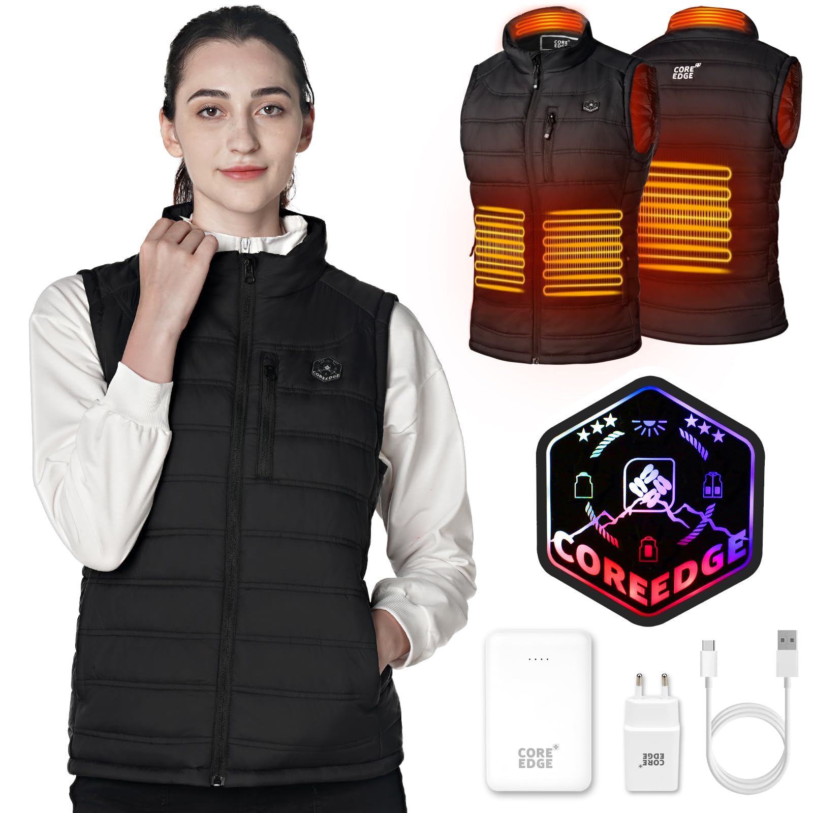 CORE EDGE Beheizbare Weste Damen mit Powerbank, Heizweste mit Akku USB, Thermoweste Wärmeweste Damen mit 3 Stufen Temperatur, 4 Heizzone Weste Beheizbar