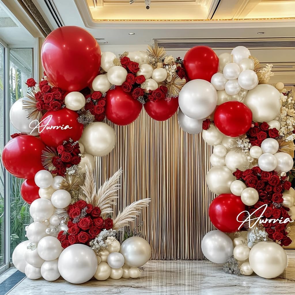 Red White Gold Garland Double Stuffed Ruby Red Pearl White Different Sizes 18In 12In 5In Balloon Arch Kit For Baby Shower Gender Reveal Birthday Party Decorations