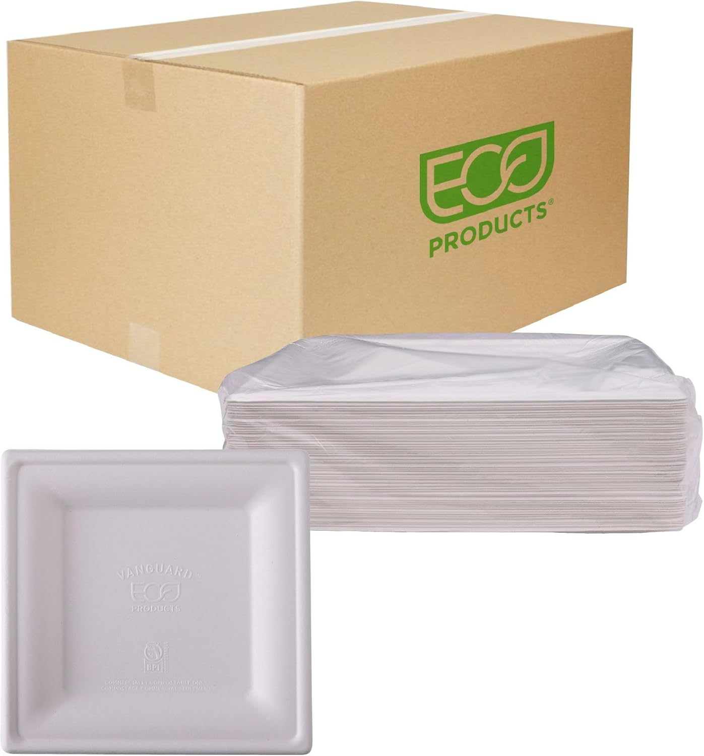 ECO PRODUCTS Compostable Vanguard 6" Square Paper Plates, Case of 500, Disposable White Molded Fiber, Tree-Free, Stronger Than Paper & Styrofoam, No-Added PFAS, ASTM Compliant, BPI-Certified