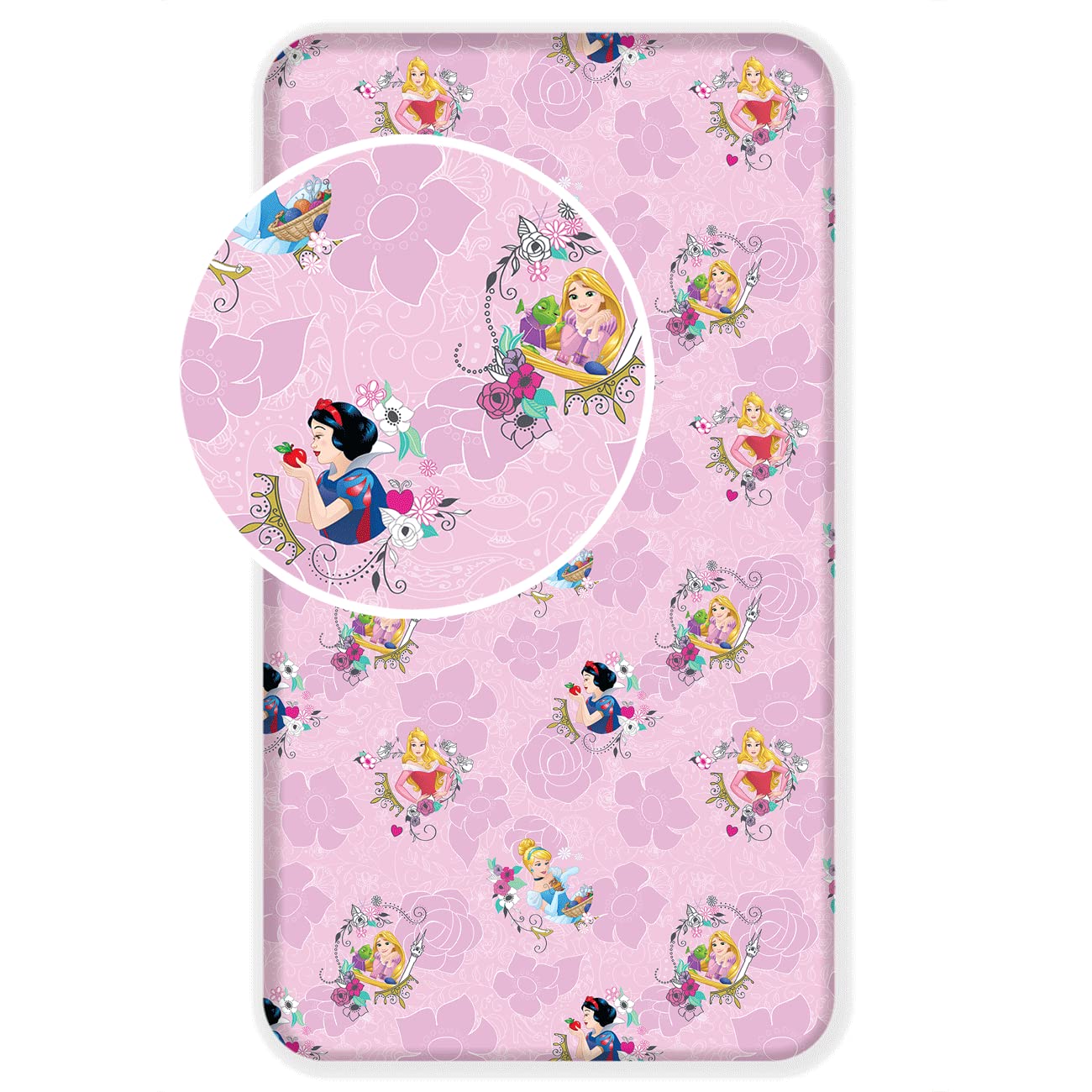 Disney children's bed sheet Princess Snow White Cinderella Rapunzel Sleeping Beauty 90x200 + 25 cm 100% Cotton