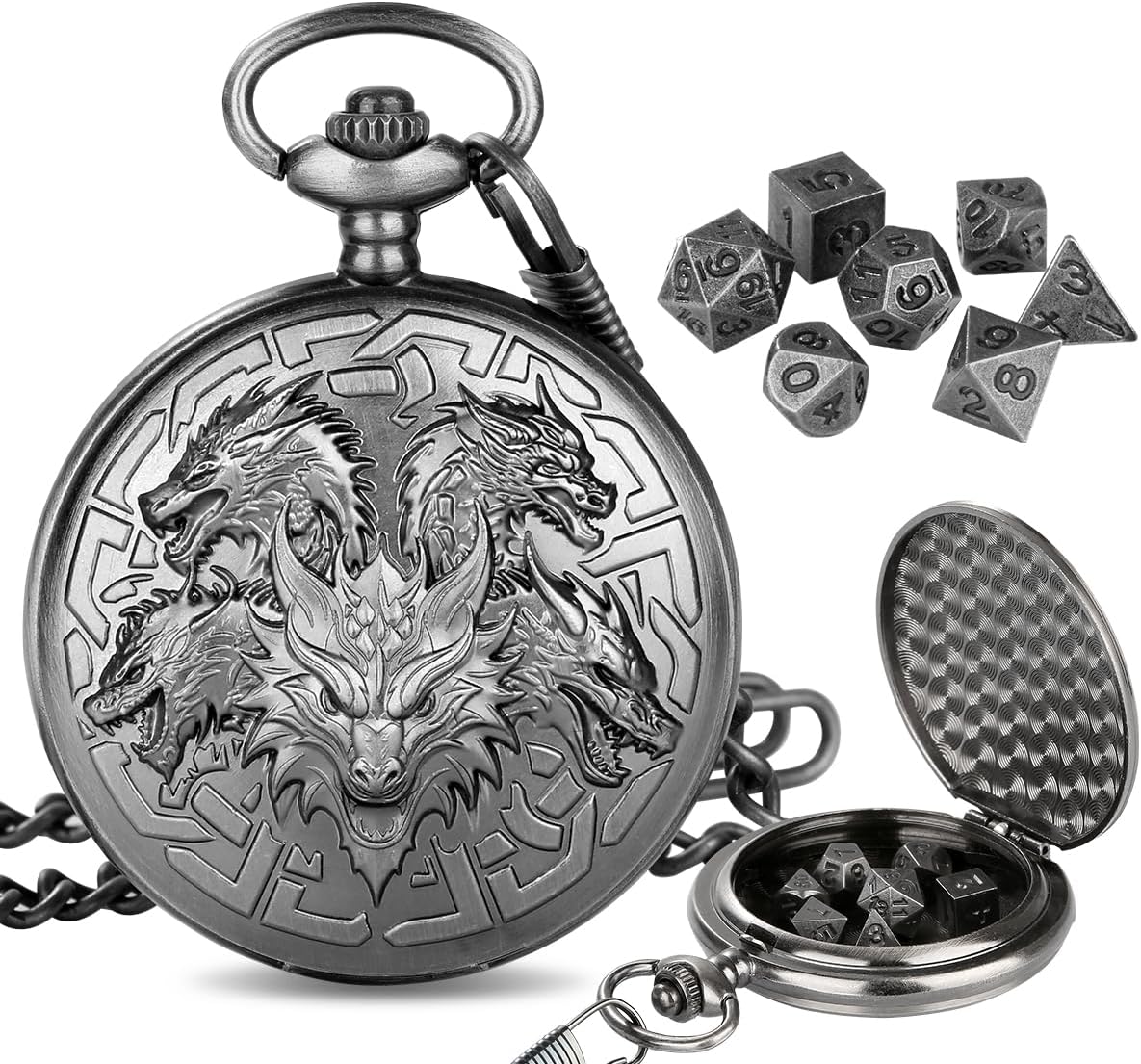 Mini DND Dice Set with Retro Five Dragon Heads Pocket Watch Shell Case, DND Starter Set, 7pcs Polyhedral Mini Metal Dice Set, D&D Gifts with Gift Box, Role Playing Board Game Accessories, Silver