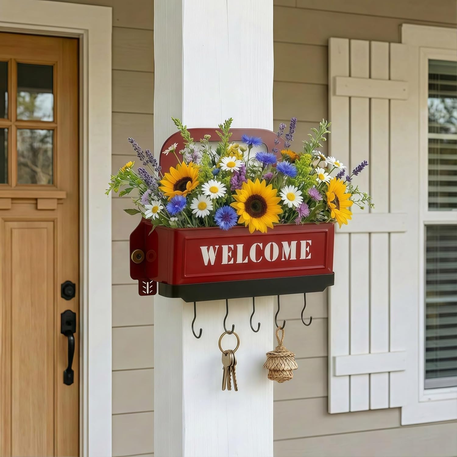 Truck Farmhouse Key Rack & Rustic Metal Wall Planter,Wall Mounted Flower Pot with Hooks, Hanging Plant Holder & Entryway Organizer for Indoor Outdoor Garden, Patio, Balcony, Farmhouse Decor (Red)