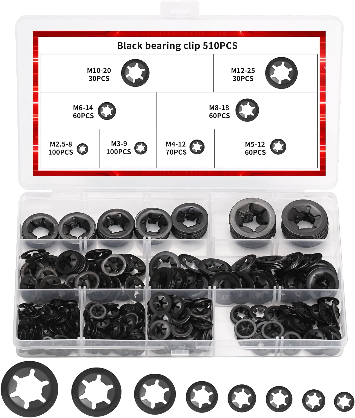 510 Pcs Internal Tooth Star Lock Washers Assortment Kit, Push on Star Locking Washers, Metal Quick Speed Retainer Washer, M2.5 M3 M4 M5 M6 M8 M10 M12 Tooth Washer(Black)