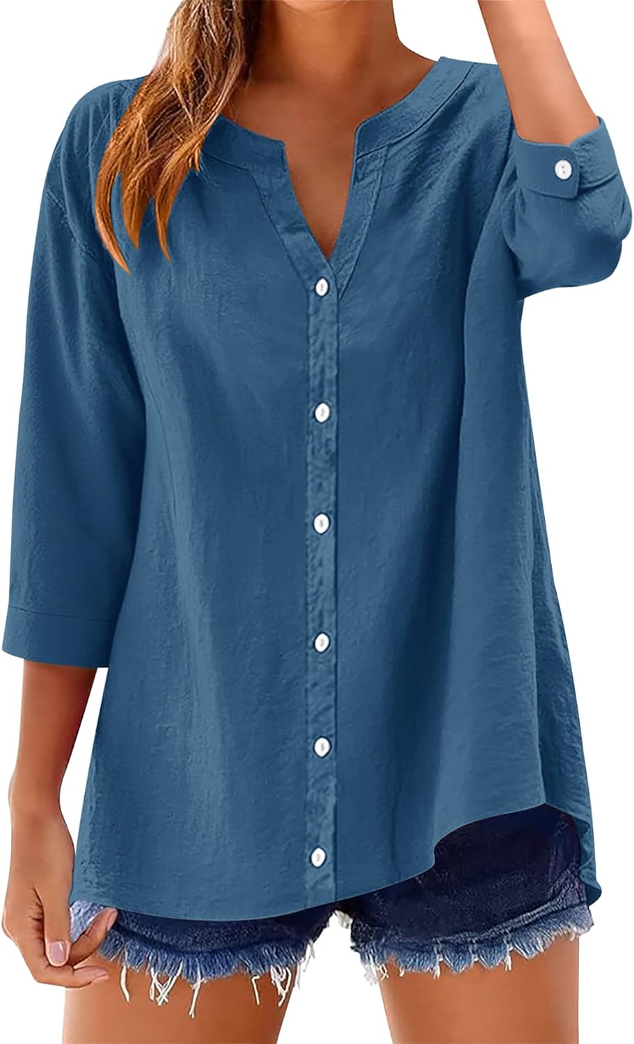 LOMON Womens 3/4 Sleeve Button Down Shirts Cotton Linen Roll Up Short Sleeve Tops V Neck Casual Loose Fit Blouses