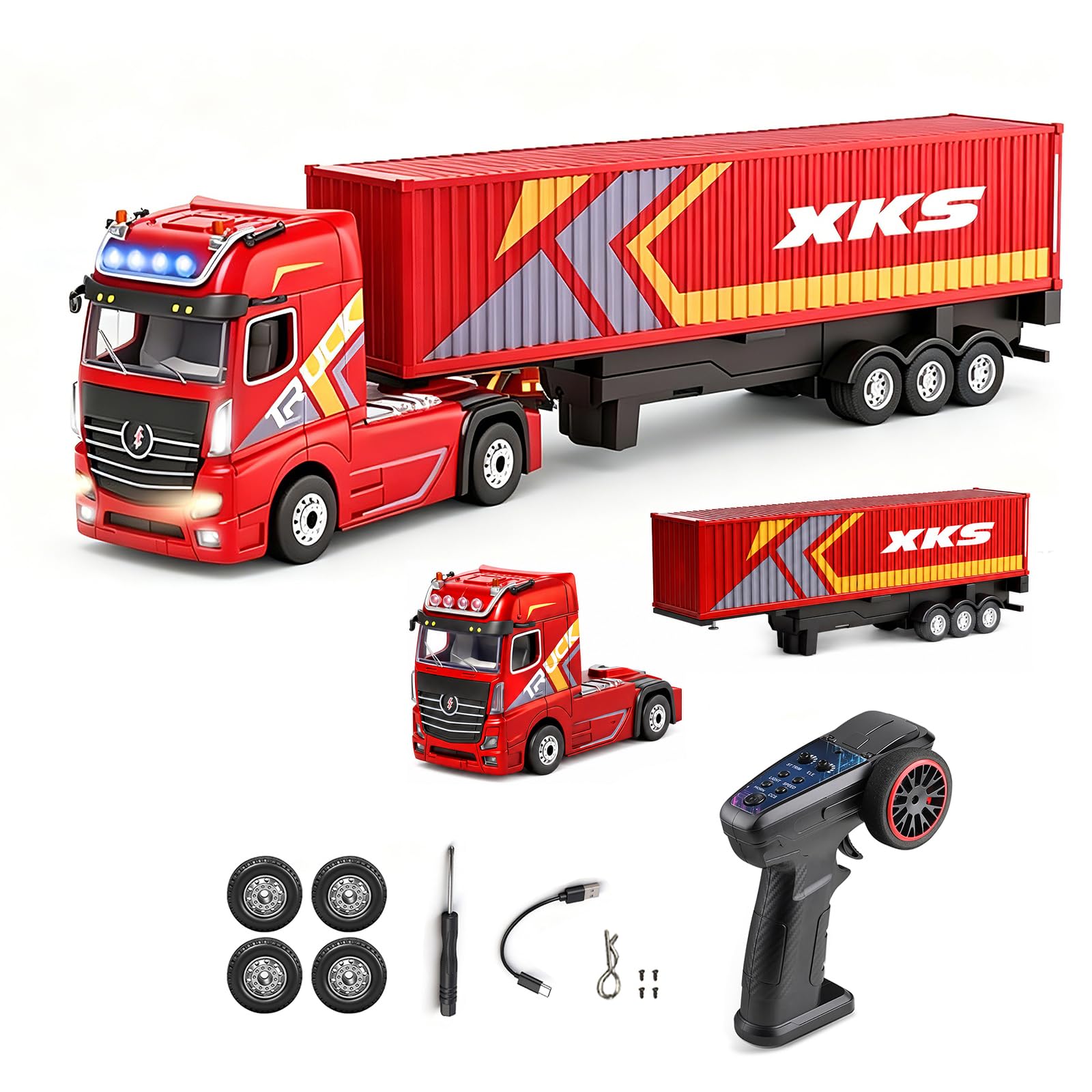 Hylukon RC Semi Truck with Trailer, 2.4G Remote Control Container Truck, 1/64 Carrier Van Transport Vehicle with Racing Tires, LED Lights and Sound Effect, Cruise Control