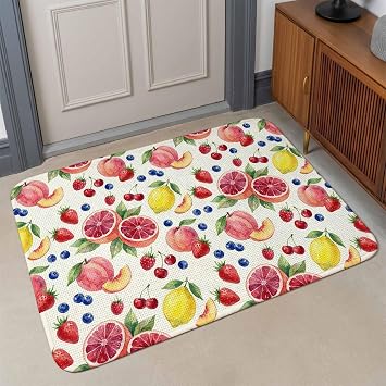 Welcome Doormat, Watercolor Grapefruit Peach Lemon Front Door Mat Non-Slip Absorbent Entryway Rug 16x24in, Blueberry Strawberry Cherry Floor Mat for Home Entrance Indoor Kitchen Bedroom Bathroom