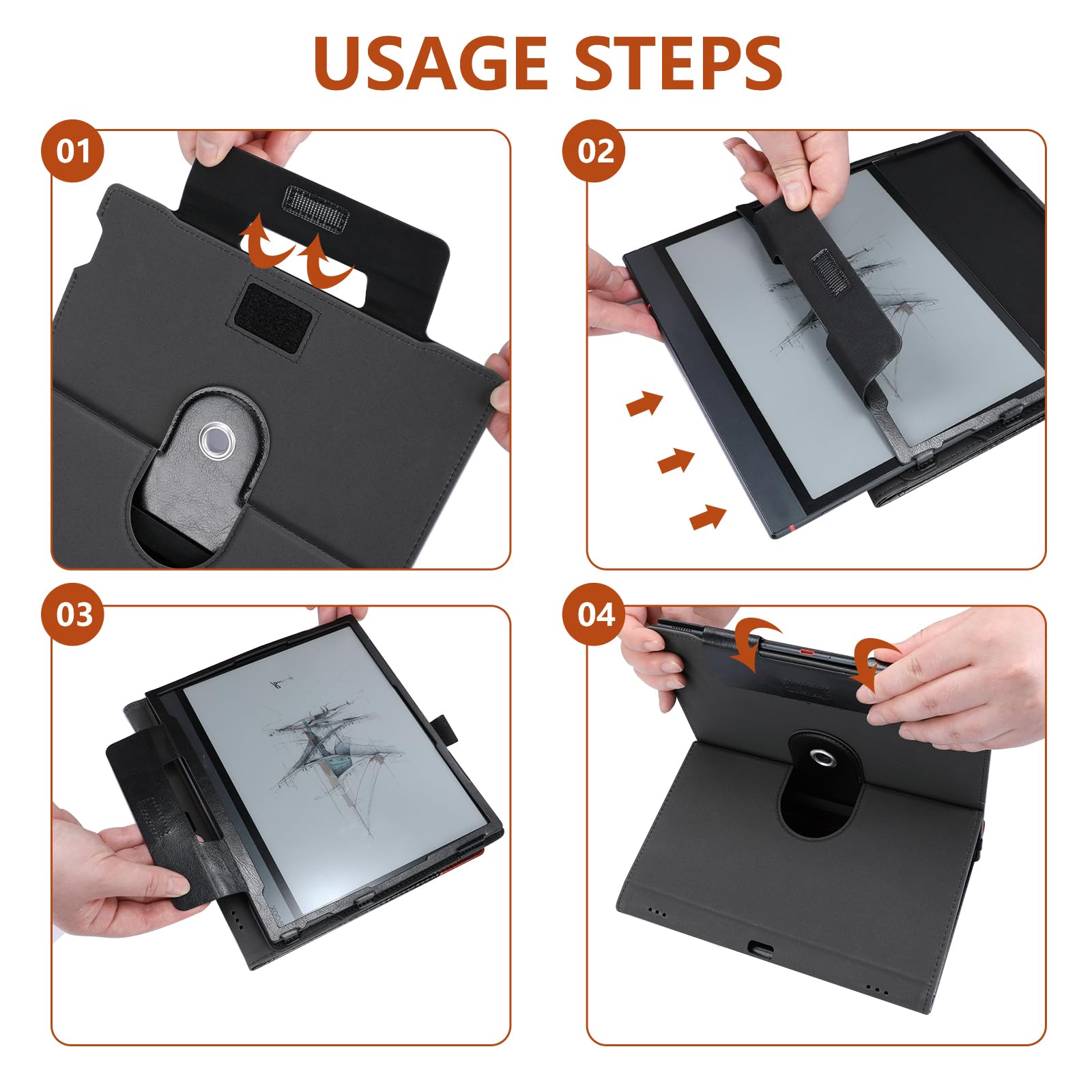 Funda E NET-CASE para Boox Note Air 5 C (2025)/Air4 C (2024)/Air3 C/Air3 B/W (2023), 360° Giratoria con Soporte para Bolígrafo, Correa de Mano, Apagado y Encendido Automático