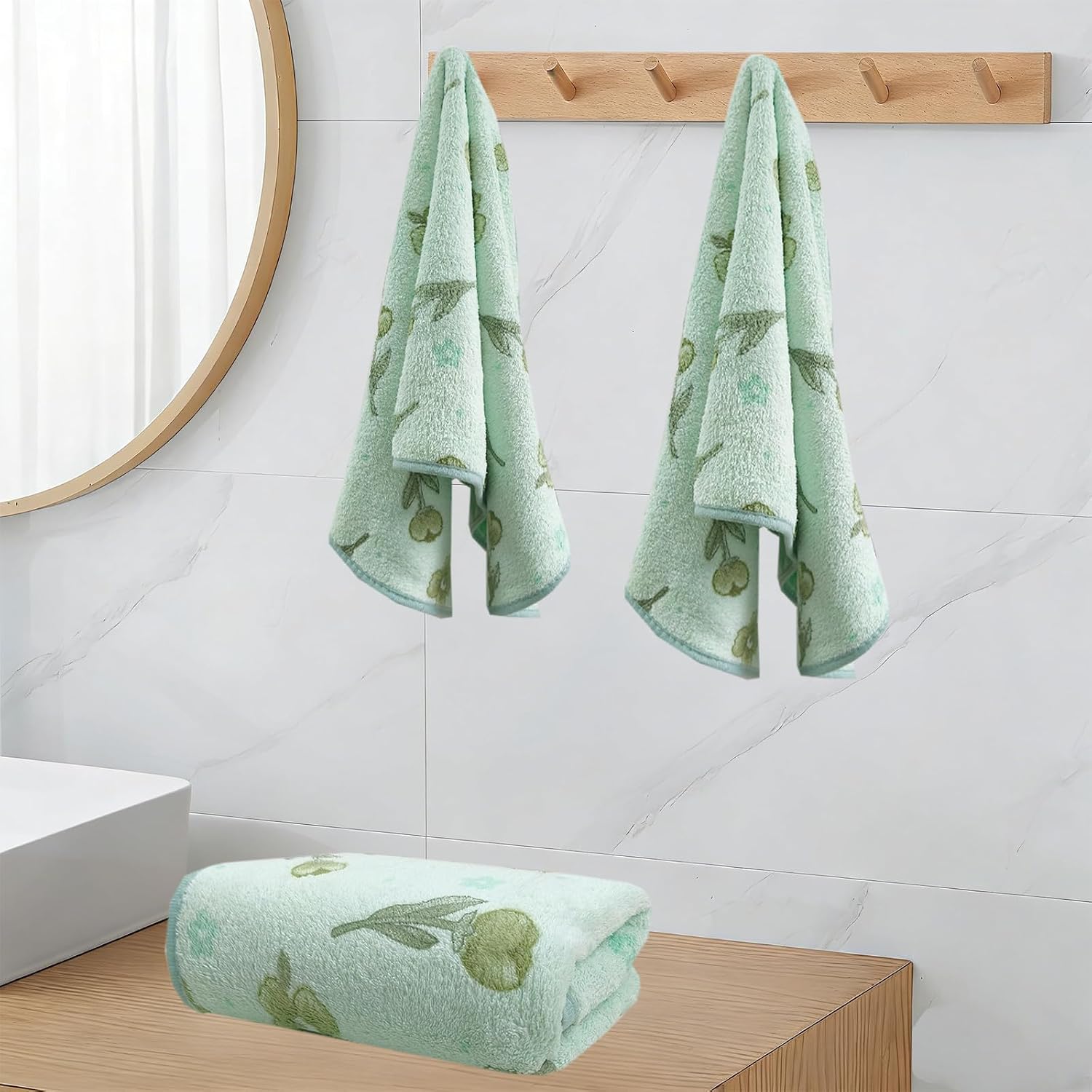 ABREEZE Blue Tulip Towel Set, 3pc, Coral Fleece Soft and Colorfast Towels for Hotel and Spa(1 Bath Towel+2 Hand Towels)