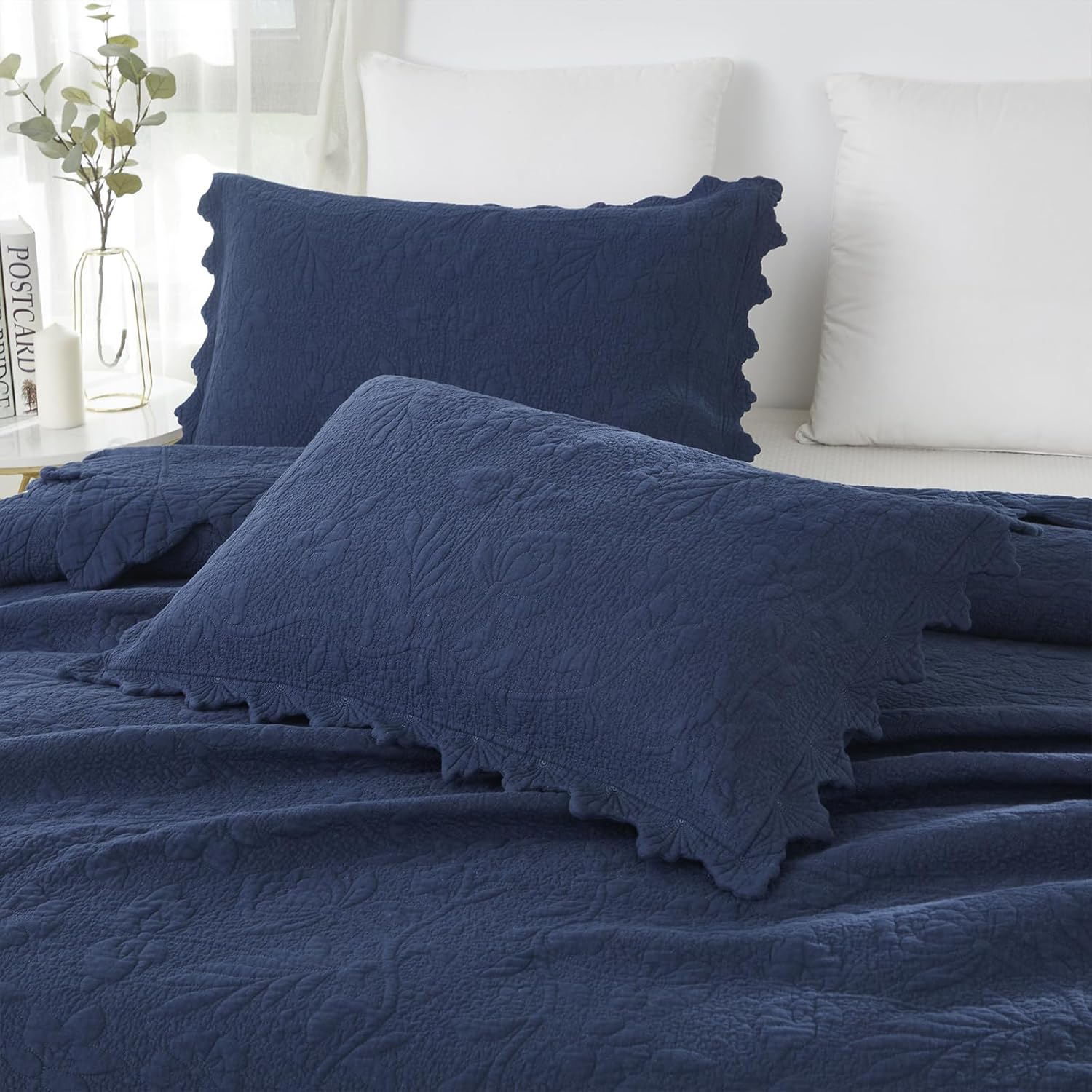 Brandream Standard Size Quilted Pillow Shams Cotton Set of 2 Navy Blue Vintage Farmhouse Scallop Edge Decorative Pillow Covers