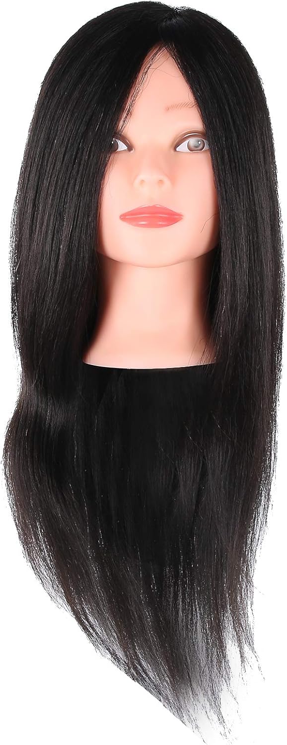 Hairdressing Mannequin Head with Real Human Hair, Cosmetology Practice Head for Cutting Braiding Curling, 60 - 65cm Long Hair Training Doll for Students and Stylists (Black)