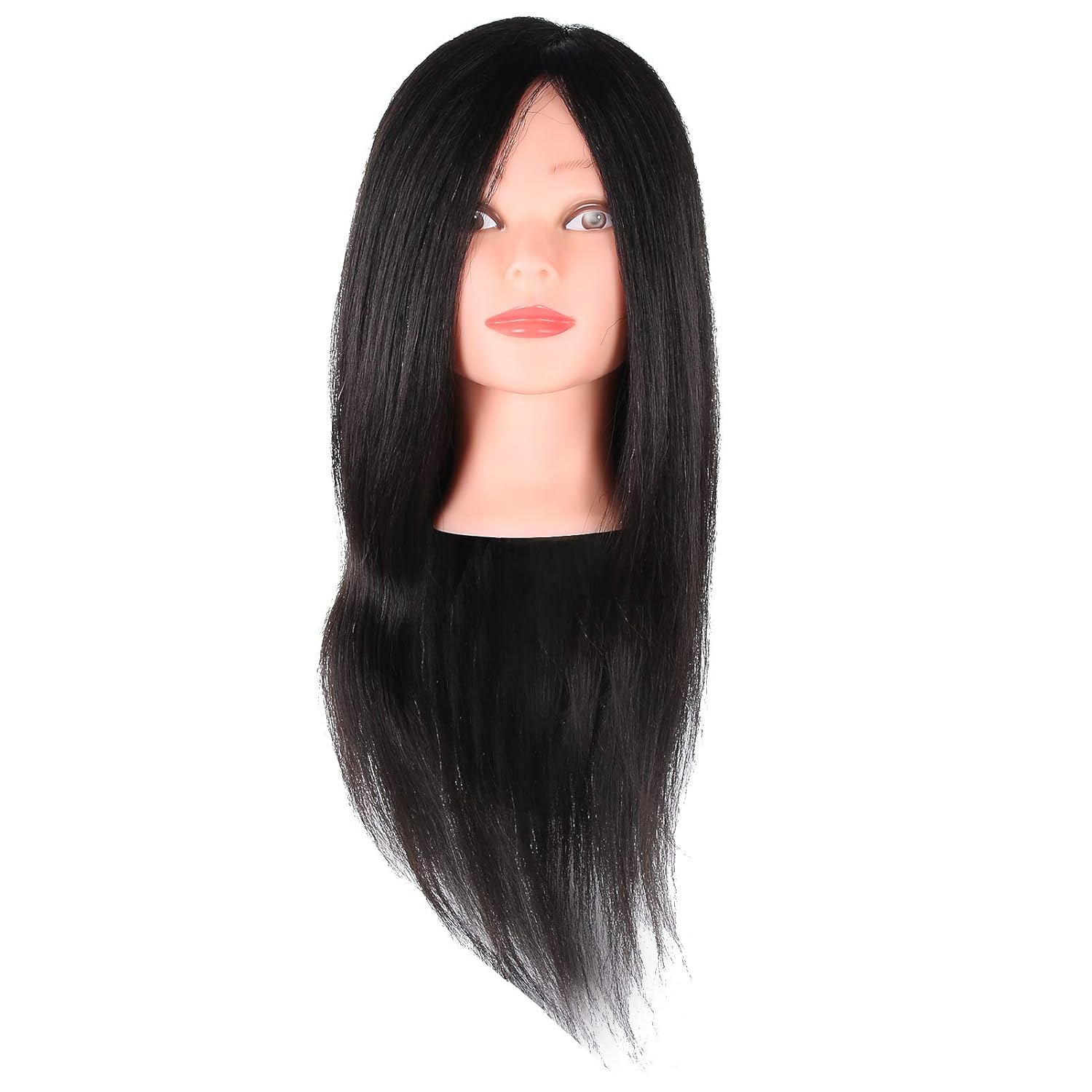 Hairdressing Mannequin Head with Real and Synthetic Hair, Cosmetology Manikin Head for Cutting Weaving Styling, 60-65cm Human Hair Practice Head for Students and (Black)