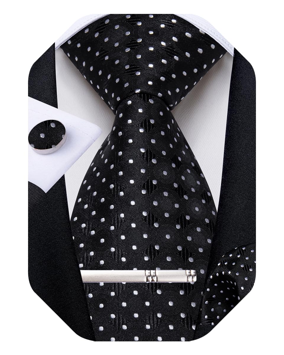 DiBanGu Mens Tie Set Silk Plaid Striped Necktie Woven Pocket Square and Cufflinks Tie Clip Set Formal Wedding, Black and White Polka Dot, One Size