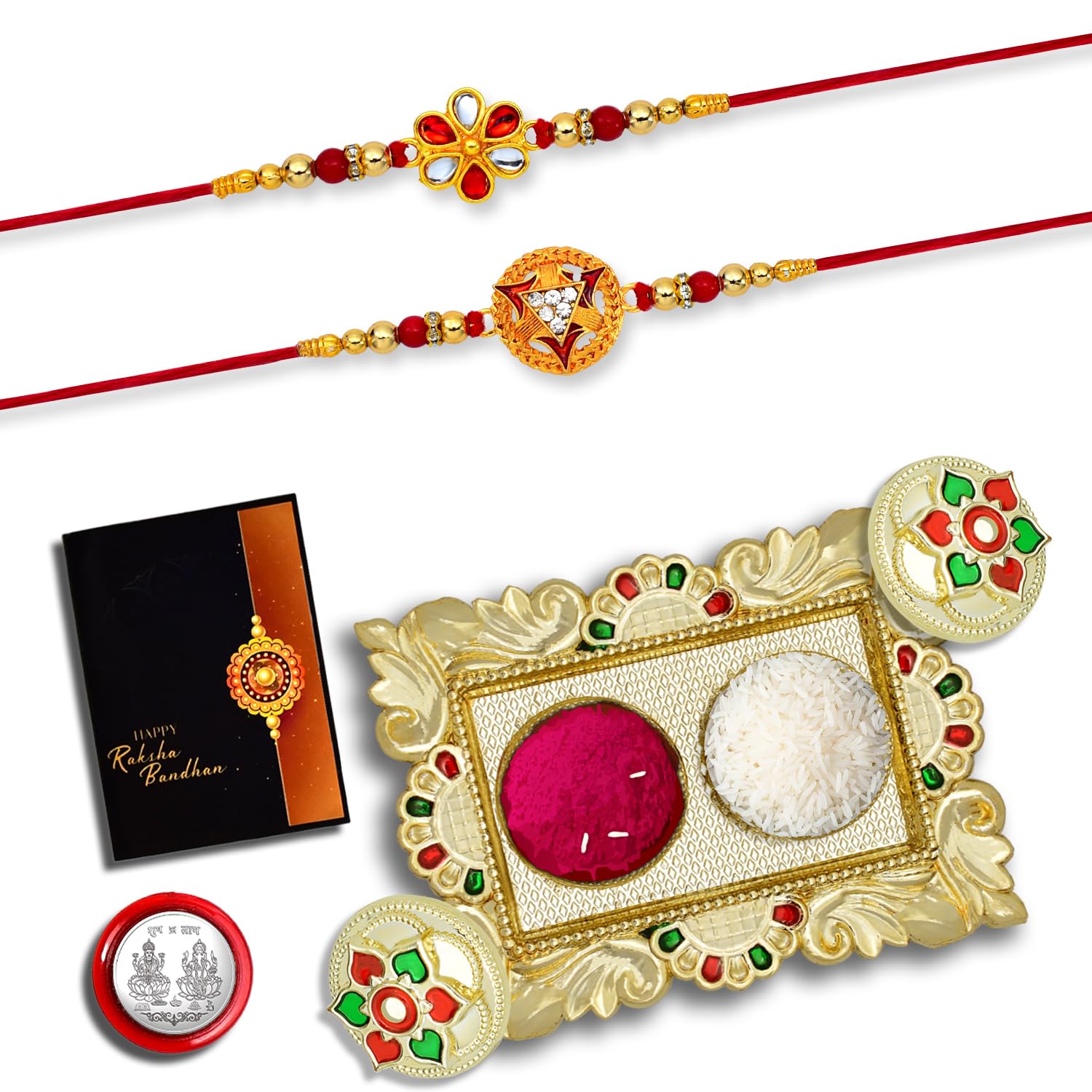Periapt Rakhi Combo (K2_323+324_AA1) with Pooja Coin, Gold Color Pooja Thali / Tilak Set & Greeting Card, Rakhi with plate, rakhi thali set, rakhi for brother kids, Fancy Rakhi for brother, Rakhi for Little brother, rakhi for brother and bhabhi, rakh (B0CCYBK882) Amazon Price History, Amazon Price Tracker