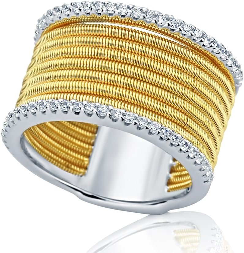 DoubleAccent 14K Yellow Gold Plated Sterling Silver Modern Style Wire Mesh Design CZ Pave Band Right Hand Ring 12mm