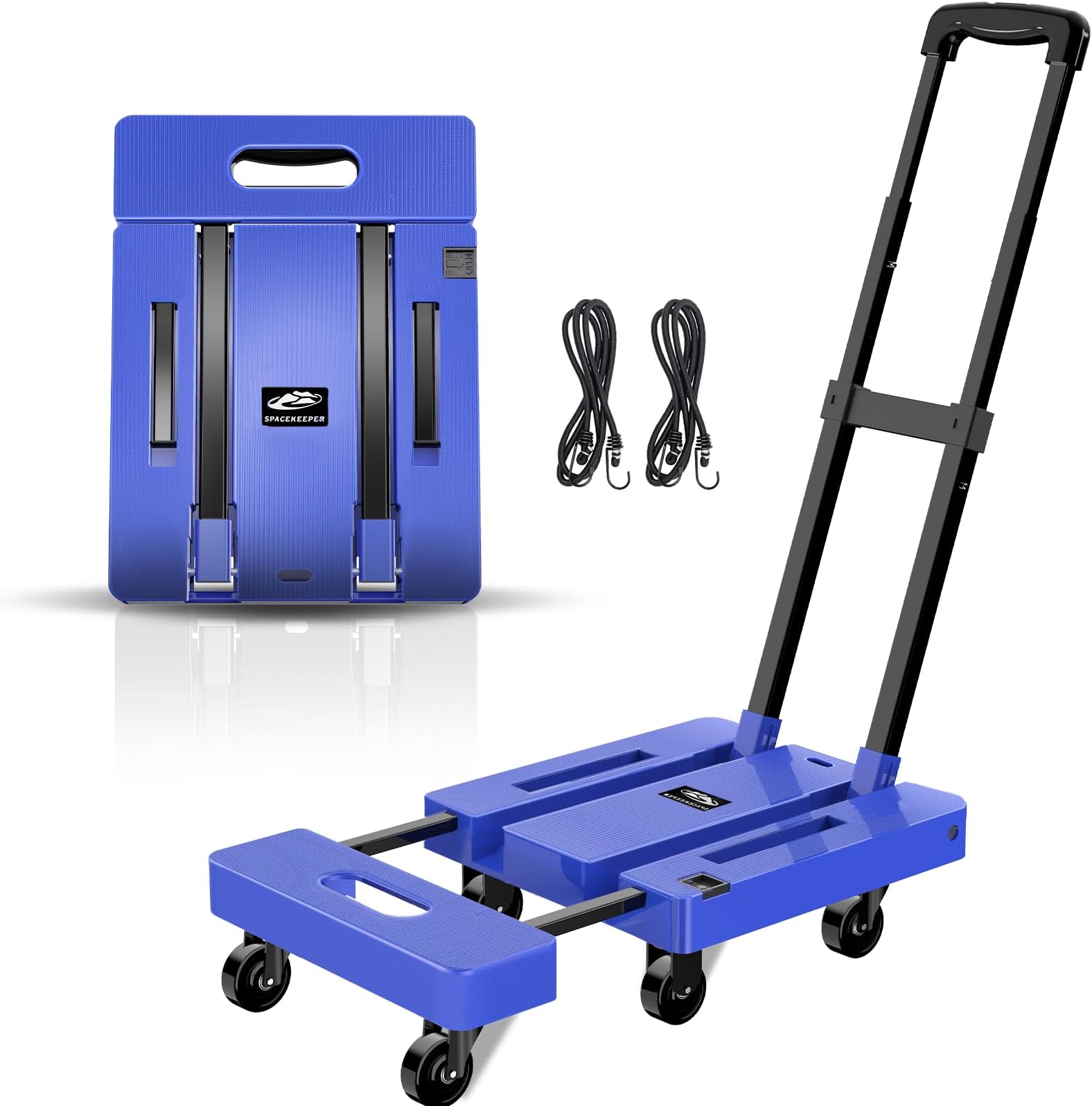 SPACEKEEPER Folding Hand Truck, 227KGS Heavy Duty Platform Truck Utility Cart with 6 Wheels & 2Elastic Ropes for Luggage, Travel, Auto, Shopping, Moving and Office, Black