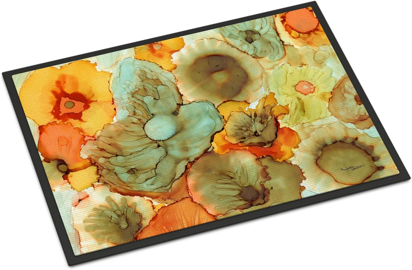Caroline's Treasures 8969JMAT Abstract Flowers Teal and Orange Doormat 24x36 Front Door Mat Indoor Outdoor Rugs for Entryway, Non Slip Washable Low Pile, 24H X 36W