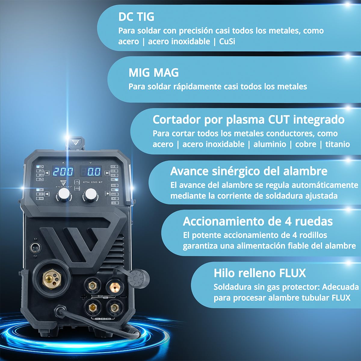 STAHLWERK Soldador de gas protector 3 en 1 Combi AC/DC TIG 200 Puls Cut ST – Máquina de soldar TIG & MMA hasta 200 A, corte por plasma hasta 45 A y hasta 12 mm de grosor de corte, encendido RF, acero