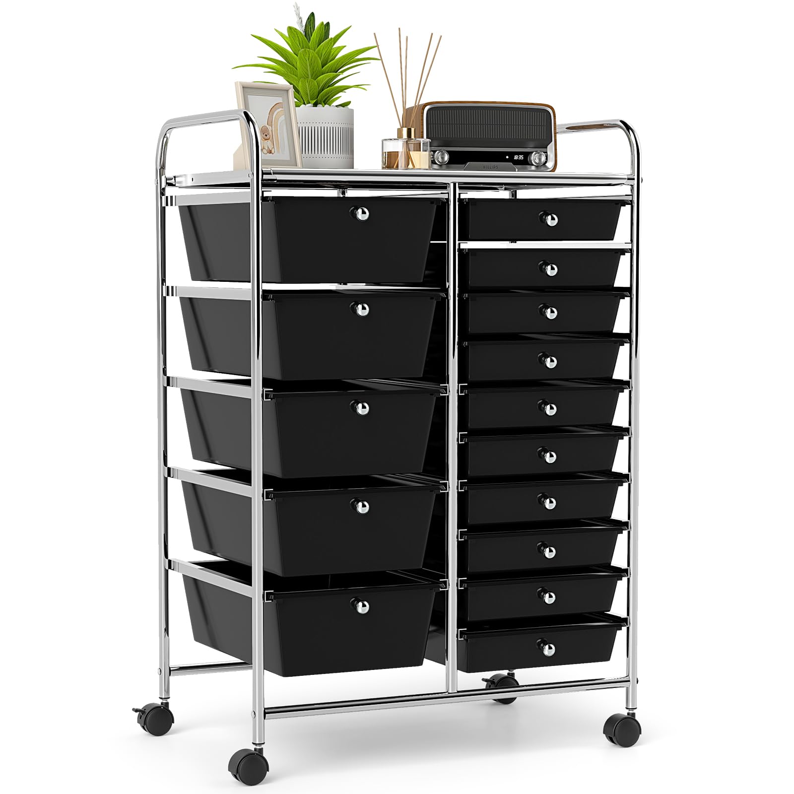 MAT EXPERT 15-Drawer Rolling Storage Cart, Mobile Utility Cart on Wheels, Removable & 2-Sized Storage Drawers for Home, Study, Office, School,Paper