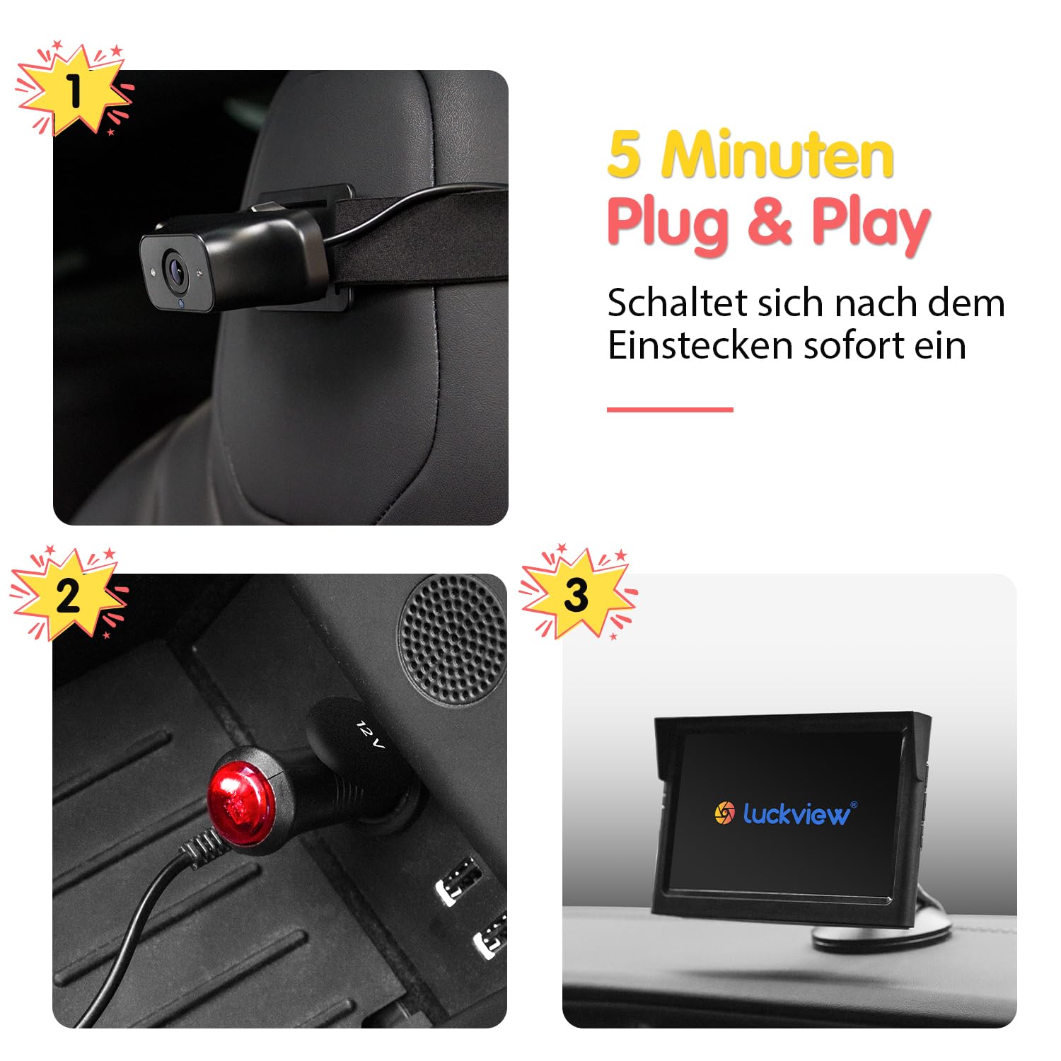 Luckview Baby Auto Spiegel mit 5" 1080P HD Bildschirm und IR Nachtsicht, Baby Kamera Auto Rücksitz mit 3X Zoom, 360° Drehbar, Einfache Installation Rücksitzkamera Display