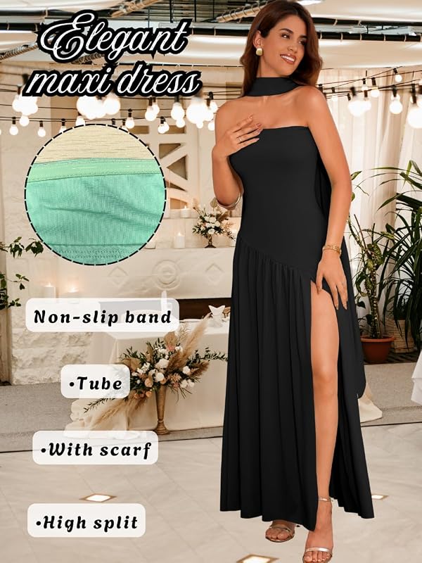 ChiaoLezhee Women's Maxi Tube Dress with Scarf Drop Waist Slit Formal Cocktail Party Wedding Guest Prom Gown, Flowy Elegant A Line Strapless Asymmetrical Summer Going Out,Butter Black,Small by ChiaoLezhee - Image 3