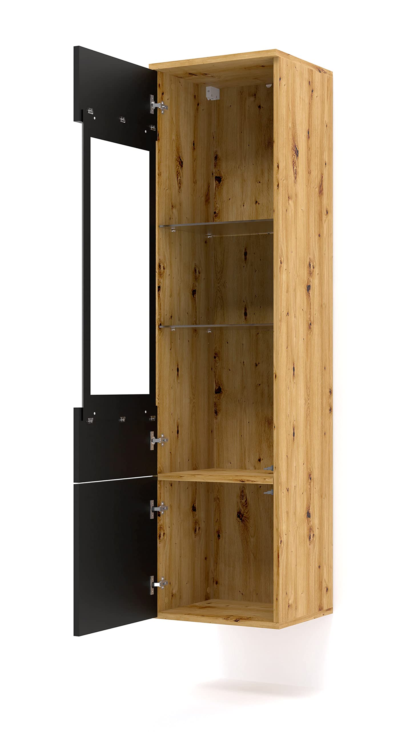 BIM Furniture Vitrina Aura – Armario colgante o vitrina de pie, armario de salón 33 x 37 x 150 cm, moderno, espacio de almacenamiento, roble Artisan/negro mate