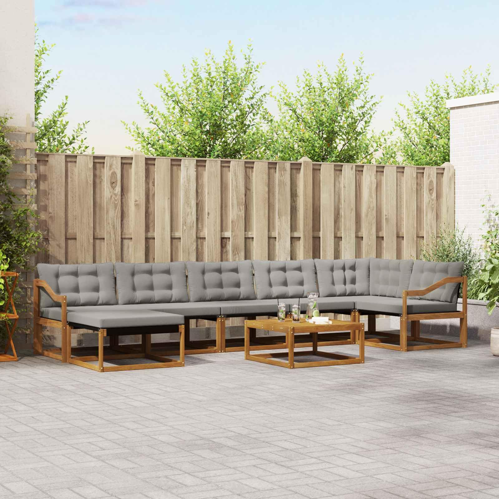 Gartenmöbelgarnitur mit 8 Teilen aus Massivholz Akazie für Terrasse Balkon und Garten, wetterfestes Sitzgruppe Set mit Kissen, modernes Design, inklusive Tisch, Sofas, Hocker und Kissen