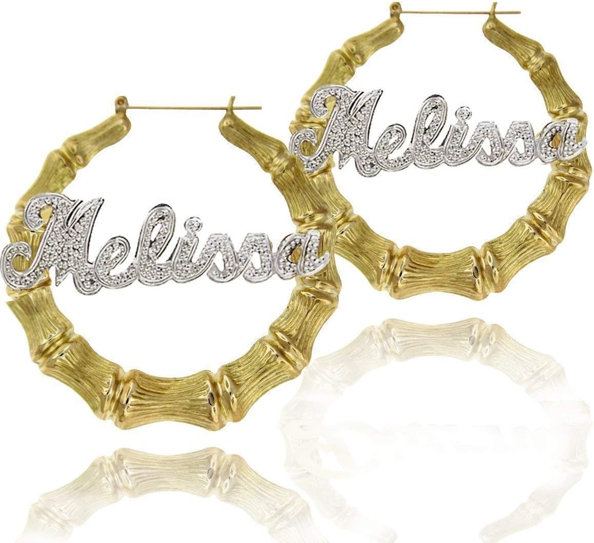 Large Two Tone Bamboo Hoop Earrings With Diamond Beading Nameplate
