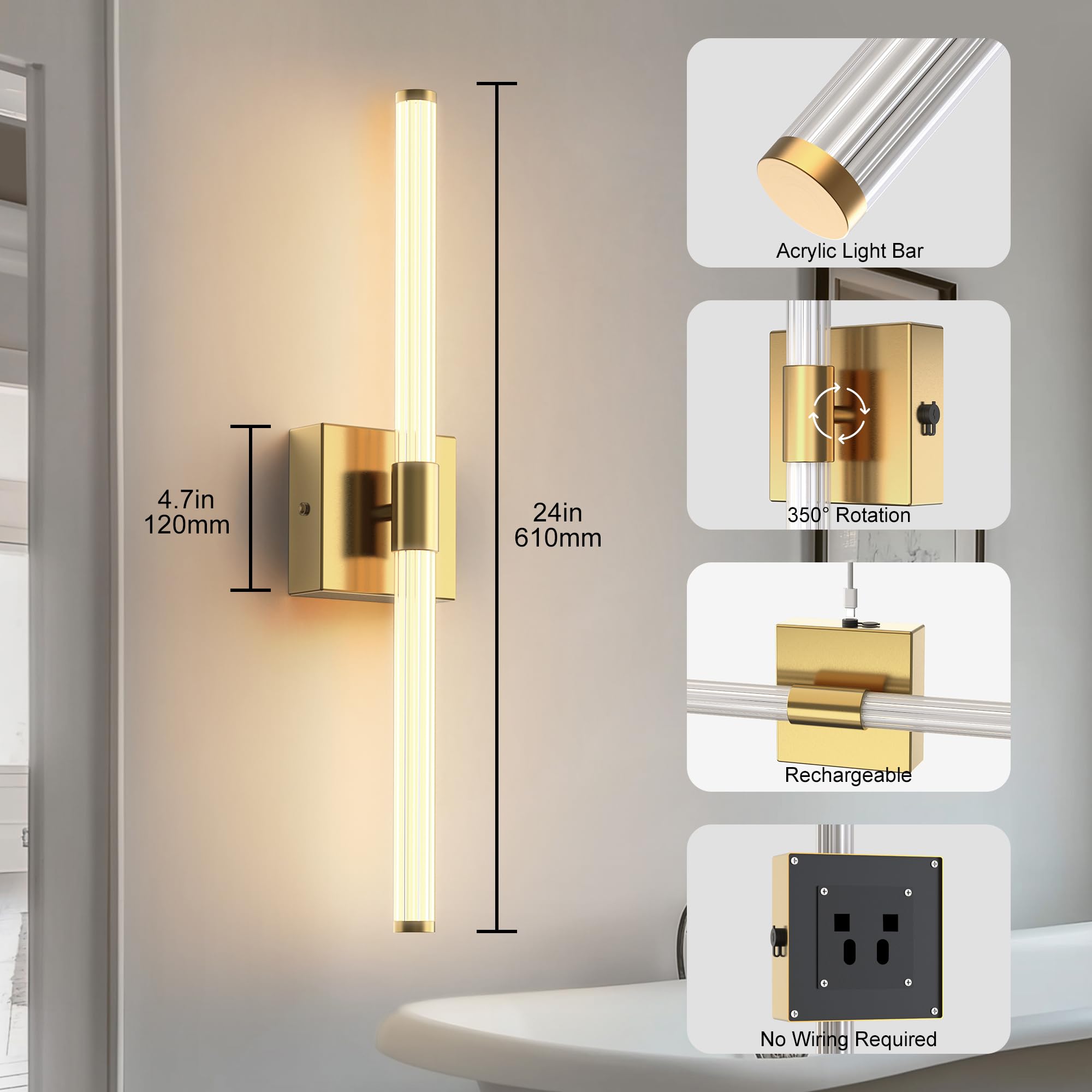 Dimmable Wireless Sconces L LOHAS Battery Operated Wall Sconces Set Of 2 - 31.6 Inch Rechargeable LED Wall Lights With Remote | 7200mAh Wireless Sconces For Bedroom & Living Room Rechargeable LED