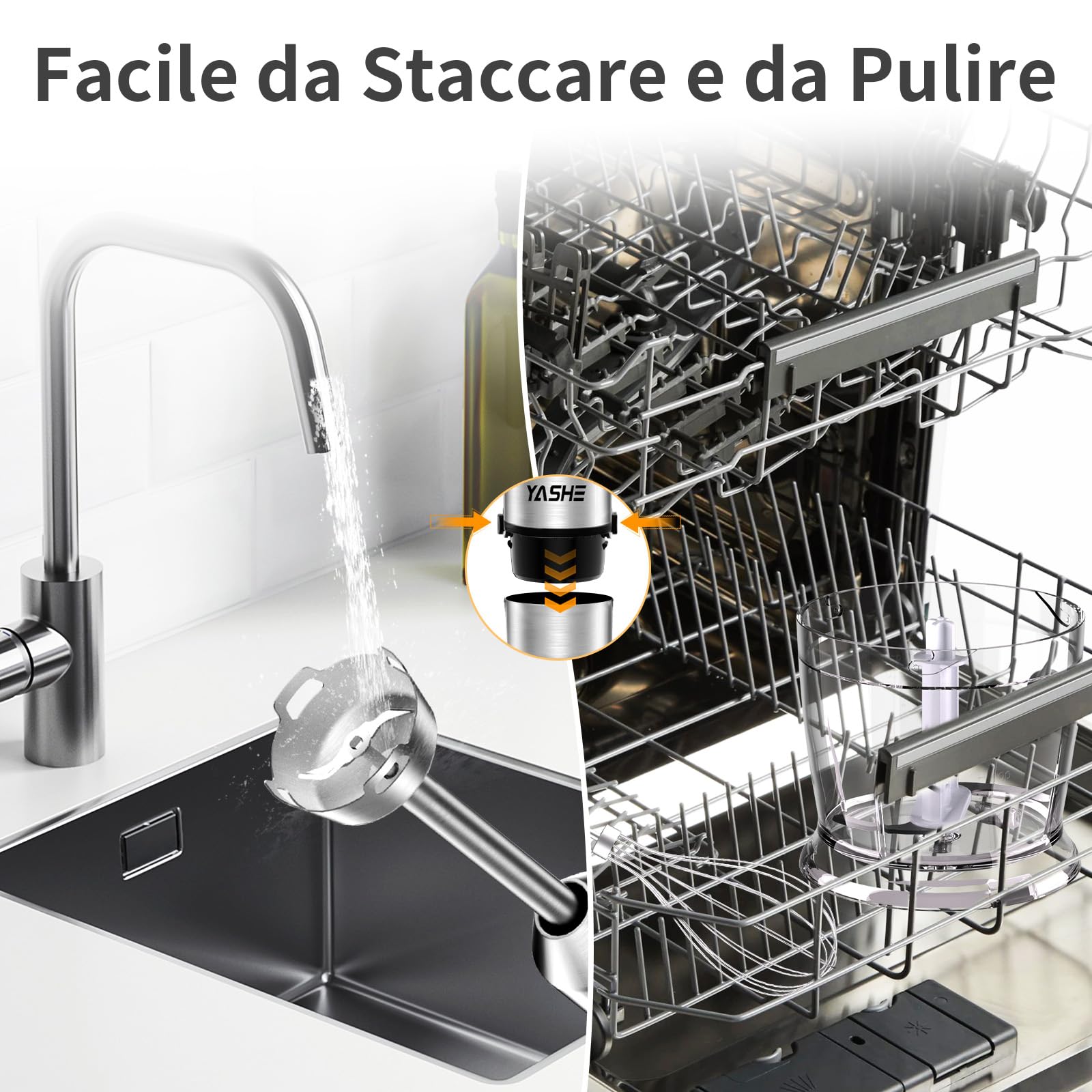 YASHE Frullatore a Immersione, 5 in 1 in Acciaio Inox, 1000 W, Velocità Regolabile Continuamente, con Tritatutto, Frusta e Bicchiere Dosatore – Ideale per Alimenti per Bambini, Salse e Zuppe