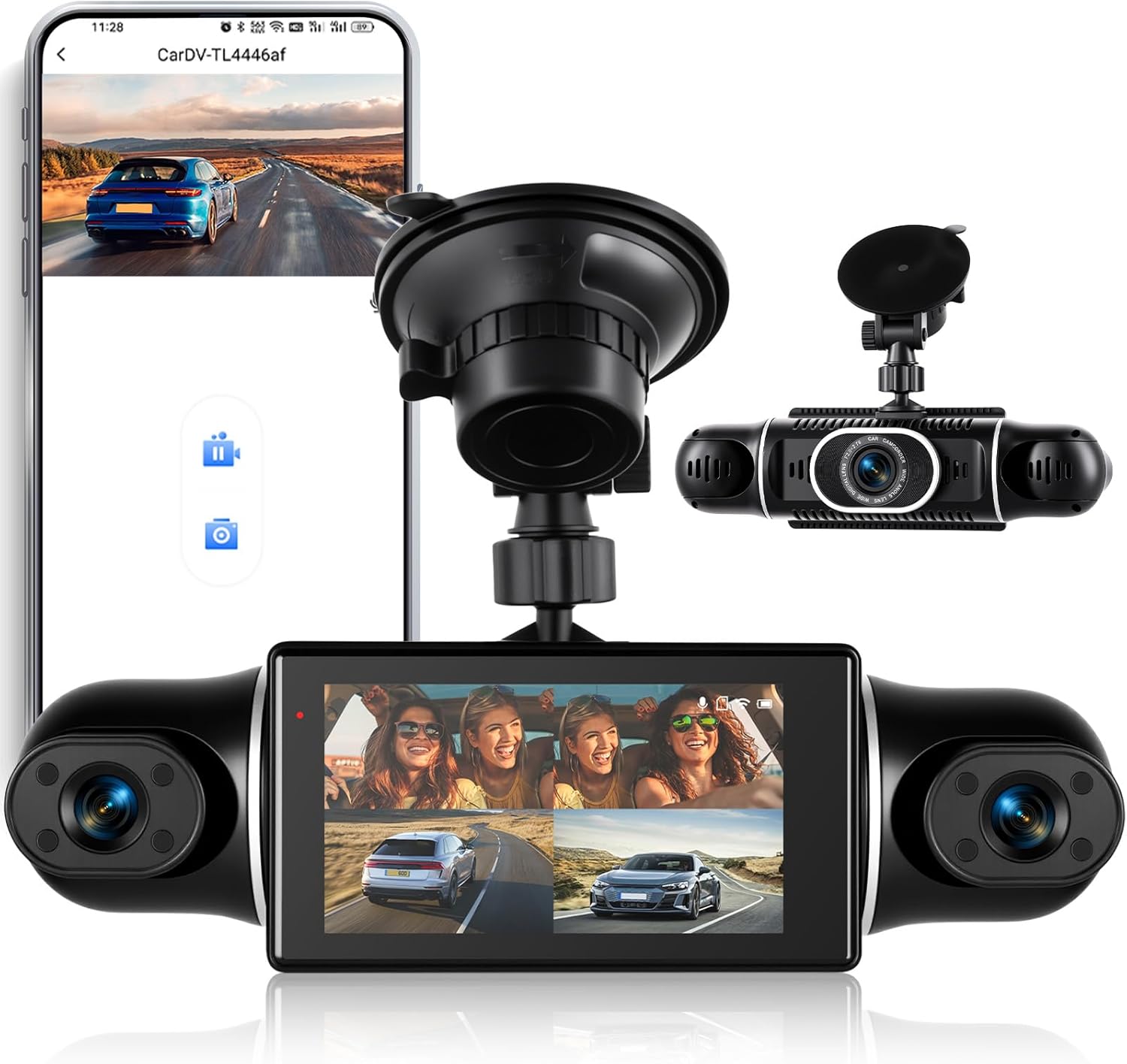 360° 4 Channel 2K Dash Cam Front and Rear Inside,3” Dash Camera for Cars Car Camera with WiFi,APP Control,IR Night Vision,Loop Recording,G-Sensor,Parking Assistance,24H Parking Monitor