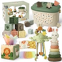 5 in 1 Giochi Montessori 6 Mesi – Giochi Neonato 6-9 Mesi con Scatola di Fazzoletti Montessori, Giocattoli Impilabili, Giocattolo di Classificazione, Tirare la Corda | Regalo Bambino 8 9 12 Mesi