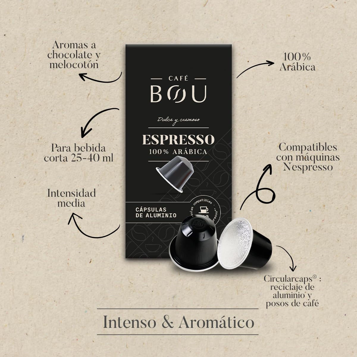 Café BOU - Cápsulas Espresso 100% Arábica Nespresso | 100 uds | Aroma chocolate y avellana, intensidad media, formato ahorro