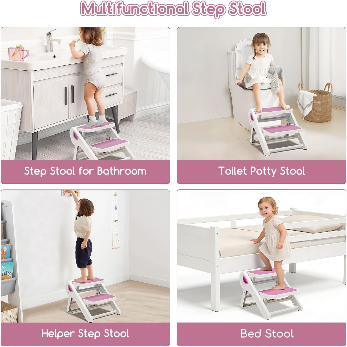 MoreFeel Foldable Toddler Step Stool for Bathroom Sink - 2-Step Kids Stool for Potty Training, Kitchen Counter & Bedroom, Sturdy Non-Slip Child Safety Stool Helper