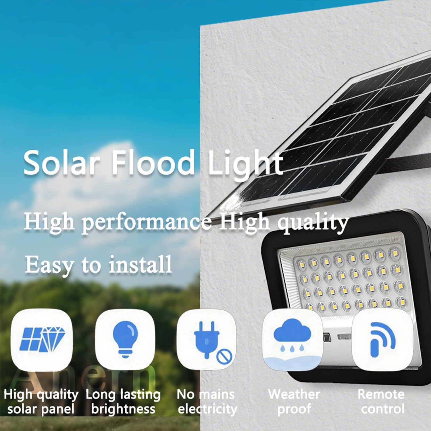 Anern Outdoor Solar Flood Light, 6500K Bright White Floodlights, IP65 Waterproof Solar Power Security Light, Dusk to Dawn with Remote Control for Yard, Garden, Shed, Barn, Porch