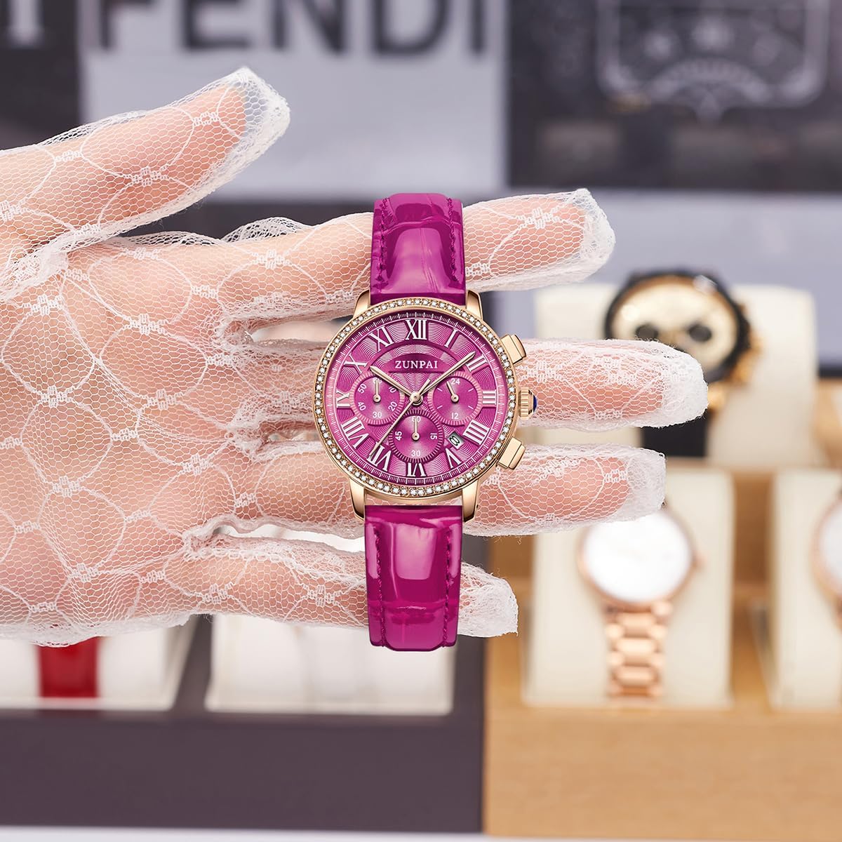 ZUNPAI Watch for Women Luxury Stylish Diamond Bezel Roman Number Mark, Multifunction Chronograph Analog Quartz Elegant Ladies Watch with Date Stainless Steel Band Waterproof Watches for Women - Image 6