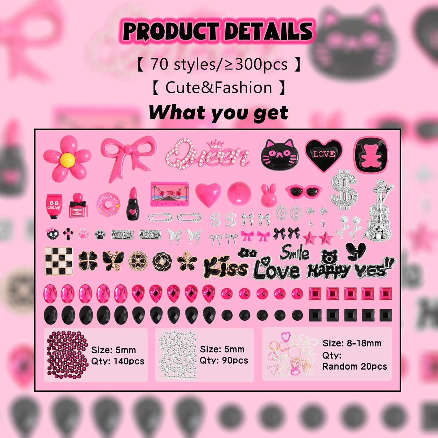 70 Styles Junk Charms Kit for Phone Case, Hair Pins Ties, Beach Bags, Clog Sandals, Customizing With Cute Bow, Synthetic Pearls, Rhinestones, Pink Resin Accessories for DIY Personalization Crafts - Image 2