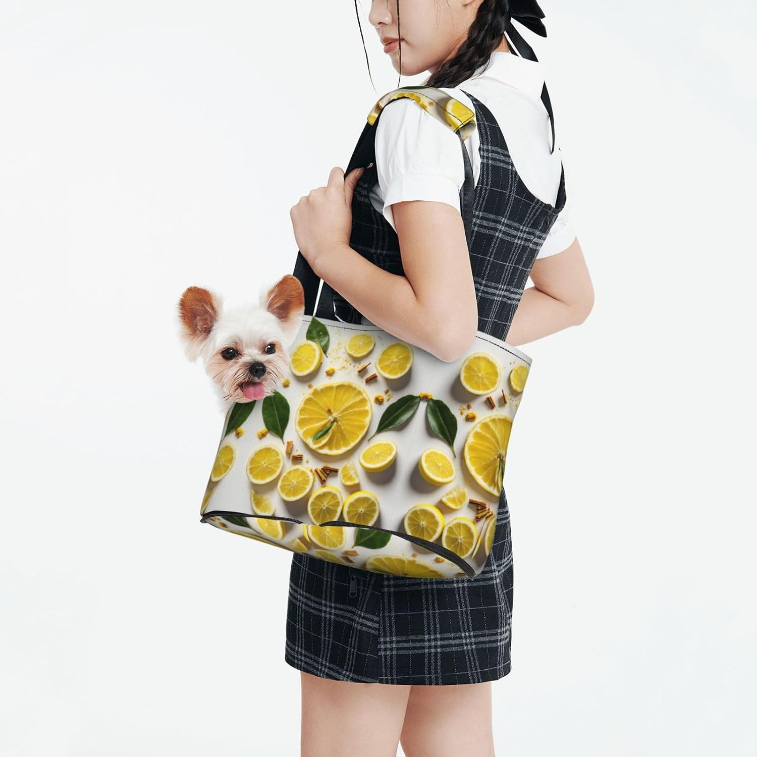 Yellow Lemon Print Portable Foldable Shoulder Bag for Travel,with Collar Hook and Handle Pad,Cute Stylish Design