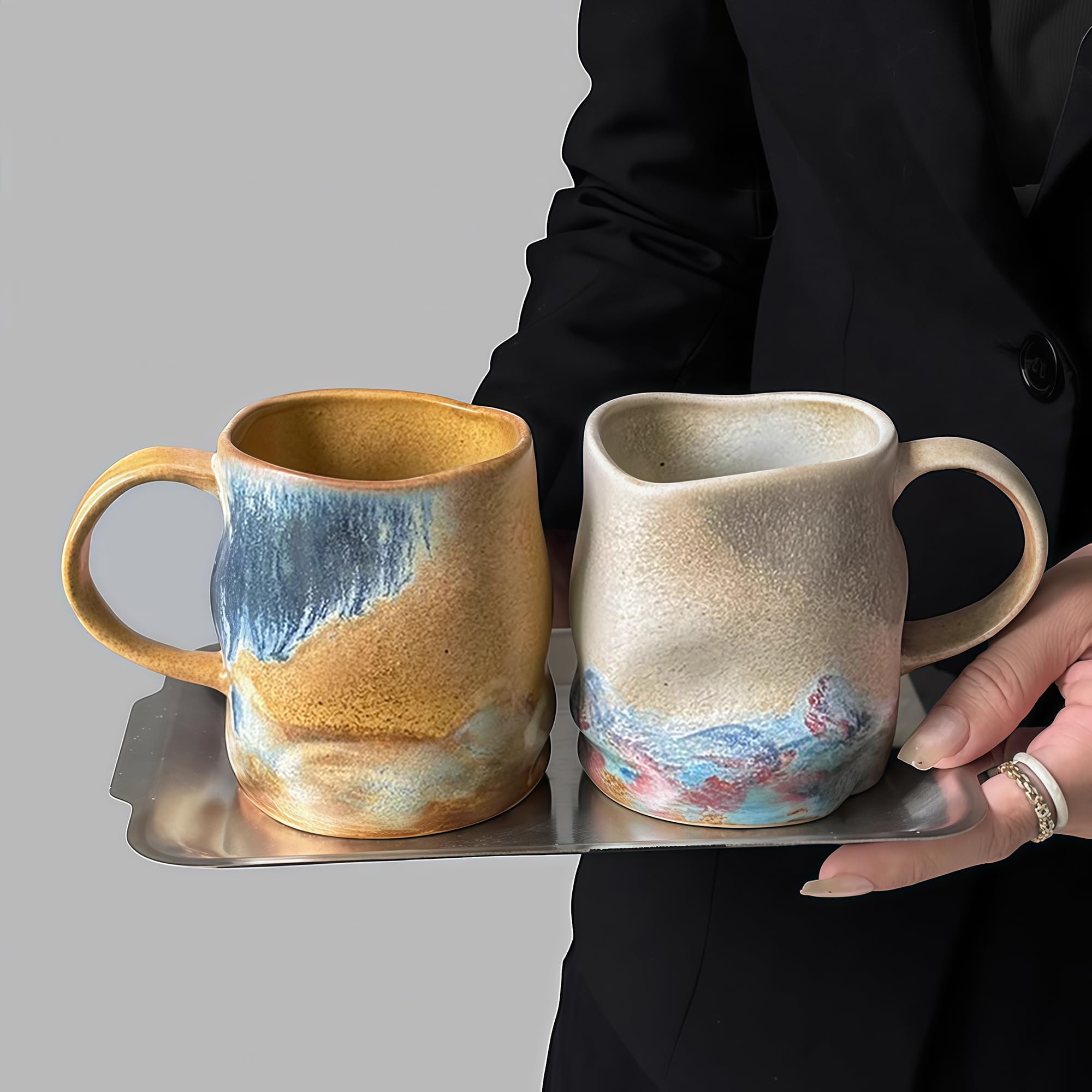 Tazas de café de cerámica hechas a mano, tazas con cuchara de café, 325 ml, taza de cerámica hecha a mano con asa, pintura a mano, tazas de té únicas de superficie desigual, aptas para