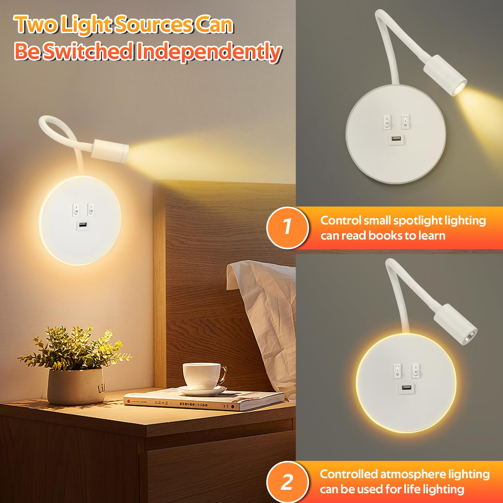 2pcs Lámpara de Pared LED, Luz de Lectura Junto a la Cama de cuello de cisne, Aplique de Pared Cabecera de Pasillo Ajustable , con Puerto de Carga USB e Interruptor (Luz cálida 3W + 9W) (Blanco)