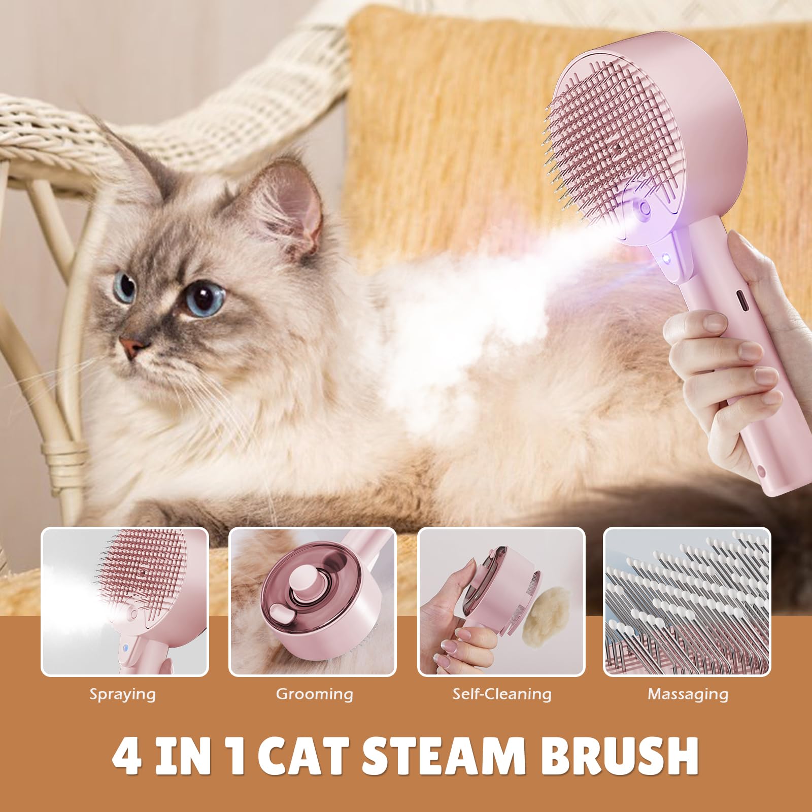 Spazzola a vapore 4 in 1 per cani e gatti - Autopulente con serbatoio d'acqua - Toelettatura e massaggio per animali domestici（Rosa）
