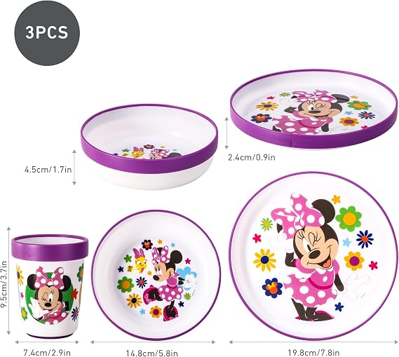 Minnie Mouse 3pcs Reusable Bicolor Kids Dinner Tableware Set | Premium Plastic Dinnerware Sets Includes Toddler Cups, Plates and Bowls, 100% Safe, BPA Free & Certified Food Safe (US/EU)