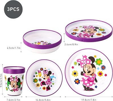 Minnie Mouse 3pcs Reusable Bicolor Kids Dinner Tableware Set | Premium Plastic Dinnerware Sets Includes Toddler Cups, Plates and Bowls, 100% Safe, BPA Free & Certified Food Safe (US/EU)